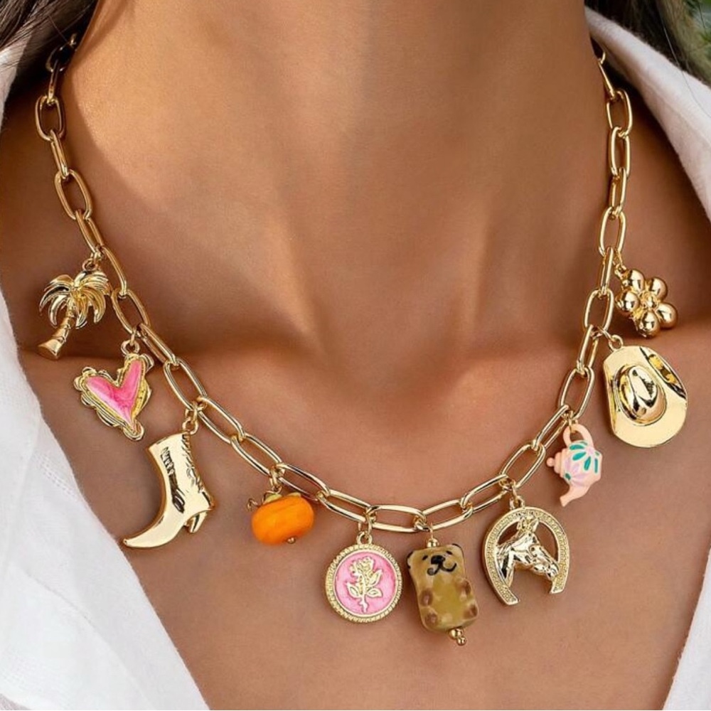 Gold Charm Necklace with Multicolor Accents